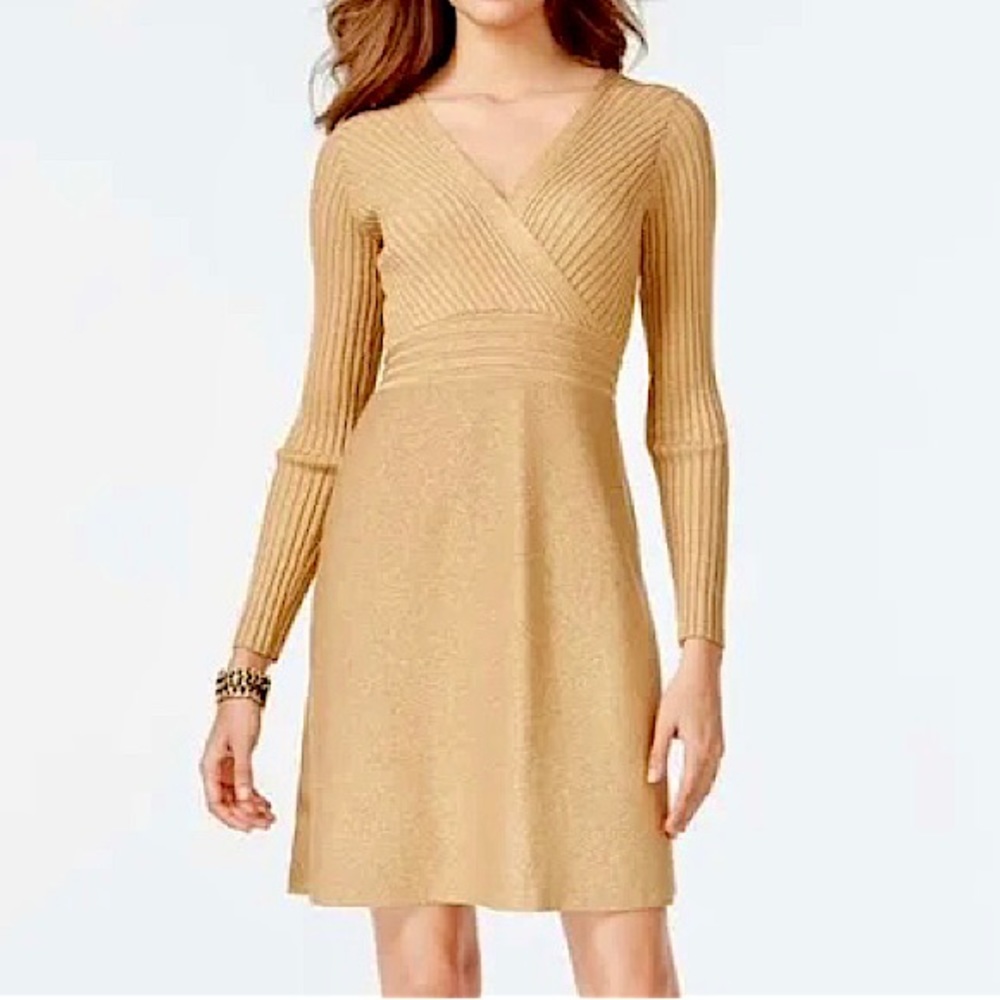 INC GOLD METALLIC RIBBED SWEATER DRESS